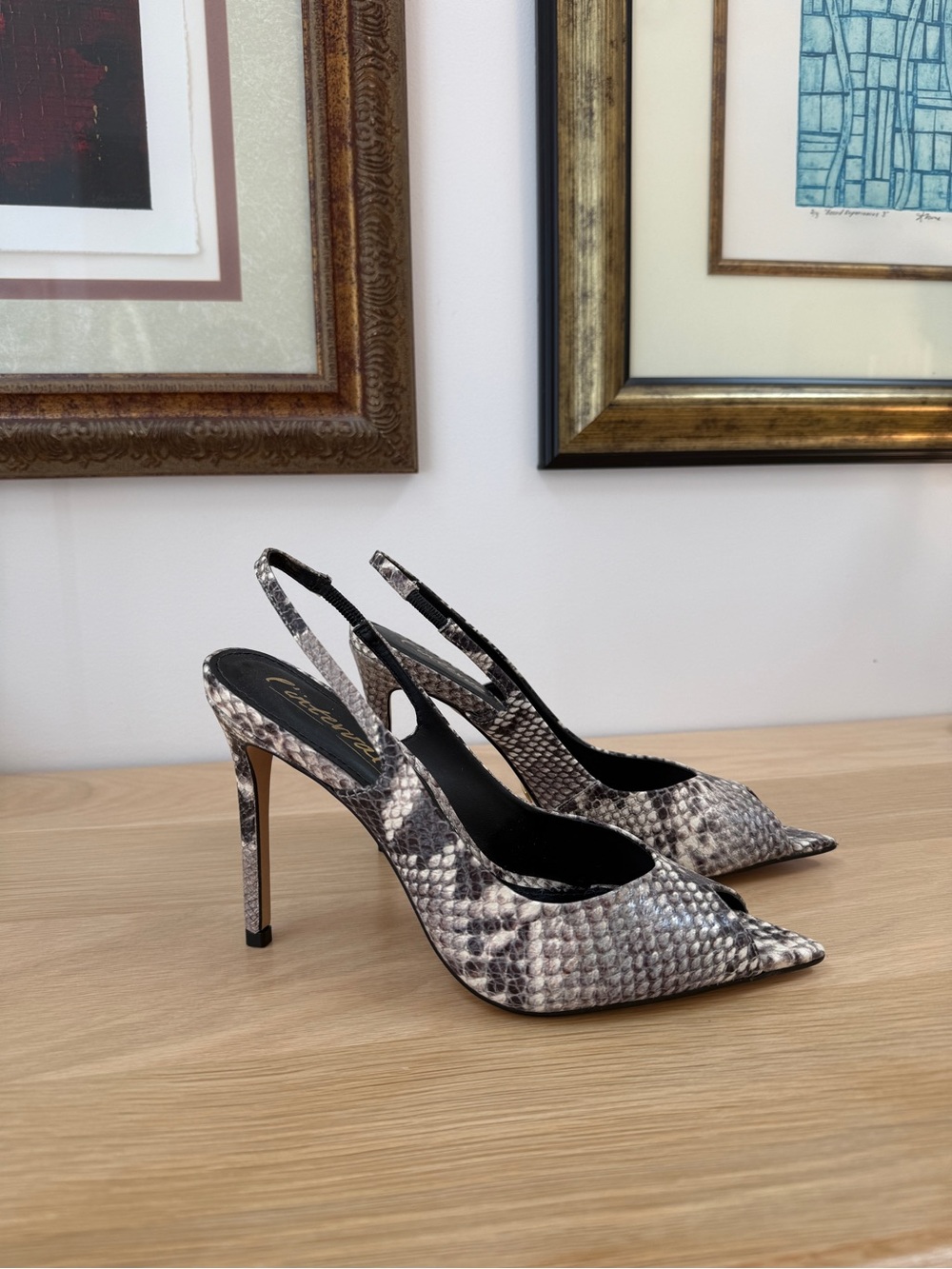 L'INTERVALLE Snake-Print Pointed Slingback Heels - Beige Black